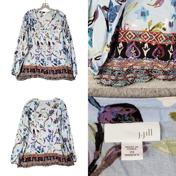 J. Jill Tops - J Jill Shirt Top Women’s Plus Size 2X Blue Floral Button Up Long Sleeve Rayon